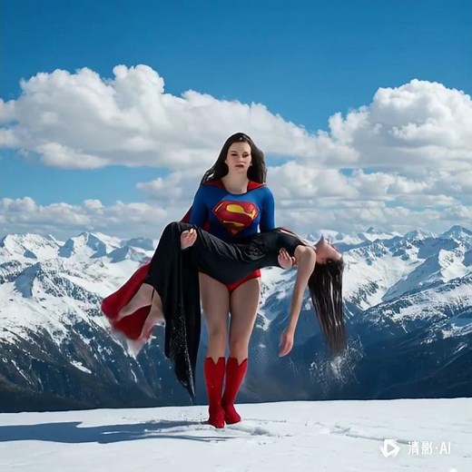 女超人假装抱不动女人，跳跃飞行着