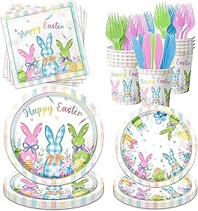 Happy Easter Plates and Napkins 168pcs Easter Party Supplies Tableware Set Easter Bunny Paper Plates and Napkins Cups for Spring Themed Easter Birthday Party,Serves 24