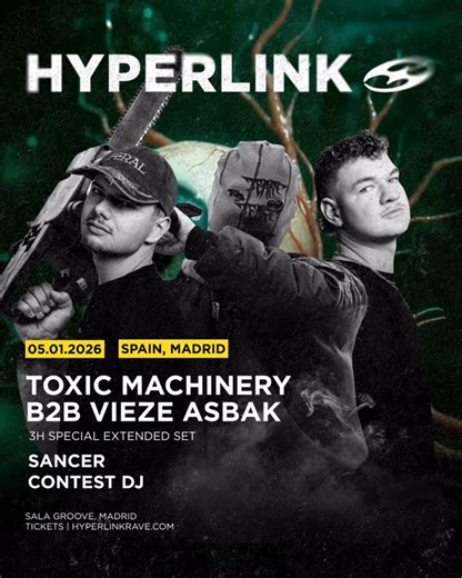 Hyperlink on Instagram: "NOCHE DE REYES — SALA GROOVE TOXIC MACHINERY B2B VIEZE ASBAK (3H SET) 🚨 CONTEST DJ EN DESCRIPCIÓN Madrid, esta noche de reyes que viene volvemos a la sala donde todo empezó: donde dimos nuestros primeros pasos y donde acumulamos tantos buenos recuerdos, y esta vez vamos acompañados con un line up que promete dejarnos sin piernas. TOXIC MACHINERY & VIEZE ASBAK se uniran para traernos un EXTENDED SET B2B de 3h el próximo 5 de Enero en Sala Groove, con el support de @sance