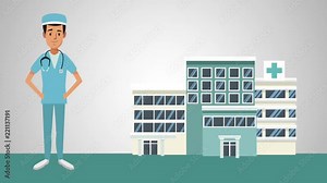Surgeon doctor cartoon and hospital building high definition colorful animation scenes Stock Video