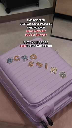 ✨ Make it yours! ✨ Create your own personalised Crossing luggage with our embroidered, self-adhesive patches! 🧵 Add a little personality and flair — because your luggage should stand out as much as you do. 🎁 Special in-store deal Buy any luggage & get 1 embroidered patch FREE 🪡 Patch pricing SGD4.90/RM12.90 per patch Buy 2 patches → 10% OFF Buy 3 or more patches → 20% OFF 📍Available in Singapore & Malaysia stores Customise yours today and travel in style! ✈️ #Crossing #PersonalisedLuggage #T