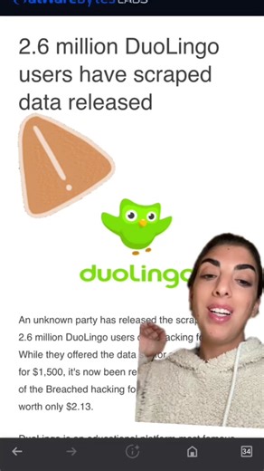 Duolingo has been breached and 2.6 million users data have been released. So what should yoy do if your information was involved in a #databreach ? Here are some practical steps to take if your information was involved in the breach: 1. Change your passwords 2. Turn on 2 factor authentication 3. Be cautious of scammers and #phishing attempts #technews #newstok #hacked #dataprivacy #cybersecurity #cybersecuritynews #duolingo #greenscreen #greenscreenvideo