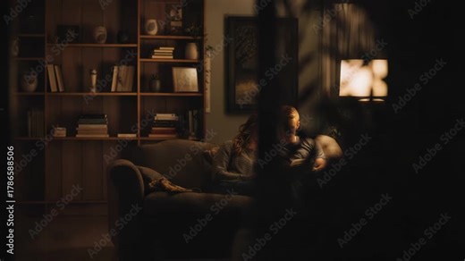 Couple reading a book together on a cozy sofa in a warmly lit living room