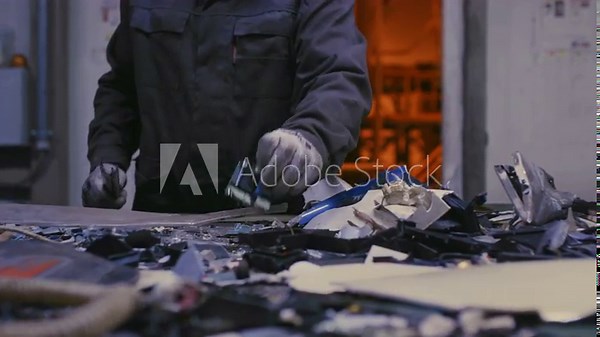 Skilled worker searches non-recyclable waste on conveyor belt at recycling plant slow motion. Man remains composed never missing beat sorting through materials despite conveyor relentless pace