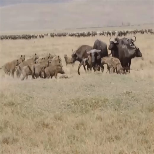 Cape buffalo protecting young from hyena | Crystal Mills