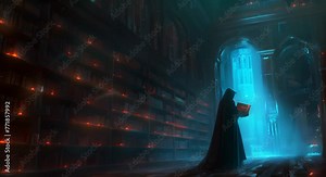 Specter librarian shelving ancient, glowing tomes