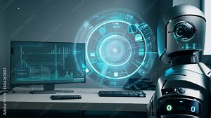 AI chatbot robot support working at a desk with a computer acting as artificial intelligence