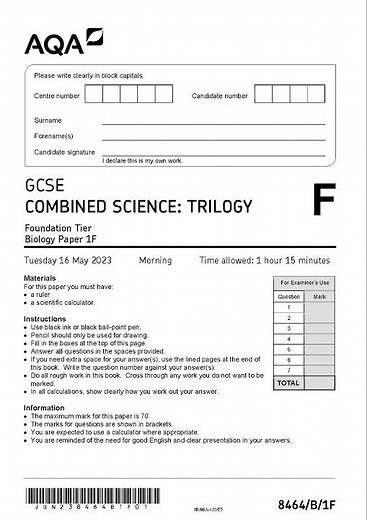 AQA GCSE Combined Science Trilogy Paper 1 May 2023 Question Paper 8464 B 1f FoundATIon Tier