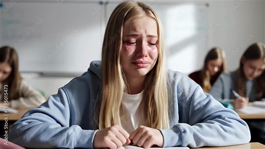 Upset Teenage Student Crying in Class - A blonde teenage girl cries during class, her face visibly upset as tears stream down her cheeks.