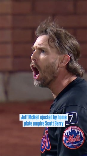 Jeff McNeil was ejected by home plate umpire Scott Barry after a called third strike in the fourth inning. | SNY