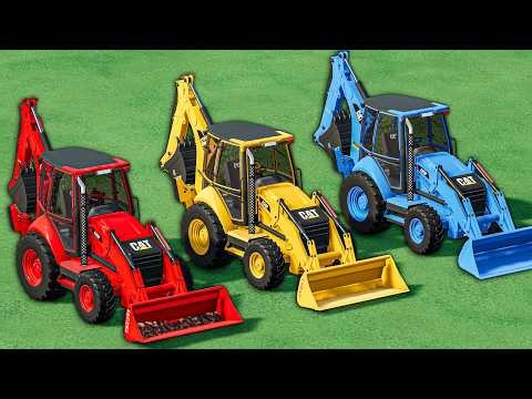 Excavator With COLORS - CAT BACKHOE LOADERS & TRUCKS Loading Work - Farming Simulator 22