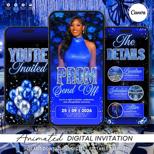 Prom Party Invitation, Digital Blue Prom Send off Invite, Animated Graduation Boys Evite, Photo Video Prom Template, Editable Ecard - Etsy