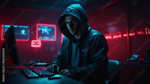 In a remote view, an unrecognizable hacker stretches his hands and begins typing on a laptop, breaking a password. The hooded, bearded freelance programmer is hacking into an online site or password.