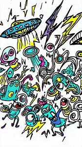 Vibrant Abstract Doodle Art with Cartoon Aliens and UFO | Premium Stock Video Footage