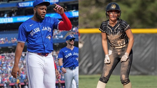 Vladimir Guerrero Jr. in disbelief over Mississippi State's Kylee Edwards' Saquon Barkley-esque softball play
