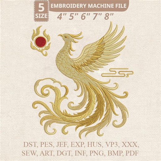 Golden Phoenix Embroidery Design, Mythical Fire Bird Machine Embroidery Pattern, Oriental Phoenix Digital File, Instant Download PES DST - Etsy