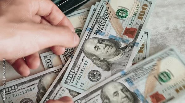 American banknotes 100 dollar bills on the table close-up. Wallet with money for investment and business. Investor and banker counts his savings