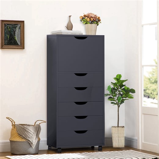 Naomi Home 6-Drawer Office File Storage Cabinet, Mobile Under Desk Filing Cabinet with Wheels and Printer Stand, Black