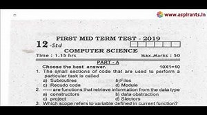 12th Computer Science First Mid Term Question Paper 2019-20 Cuddalore District English Medium