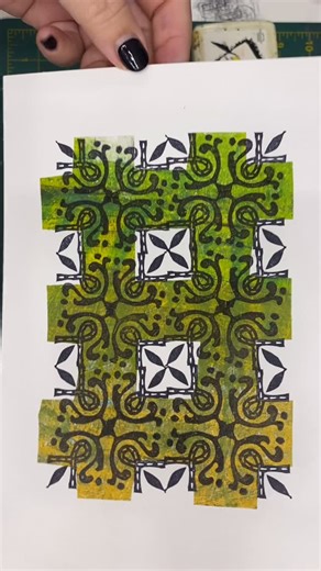 Julie Fei-Fan Balzer • Artist on Instagram: "Day 5 of #carvedecember2025 and the prompt is “bent.” I created a little repeating stamp with a bend in it. Not sure if the chine-collé works here. 🤔 #chinecolle #chinecollé #bostonartist #carvedecember #stampcarving #printmaker #printmakersofinstagram"