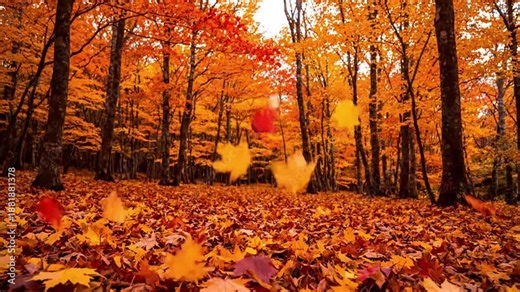 Golden Hour Glow A serene, eye-level shot capturing the warm, soft light of golden hour filtering through a canopy of maple trees, highlighting the translucent quality and vibrant hues of the leaves.