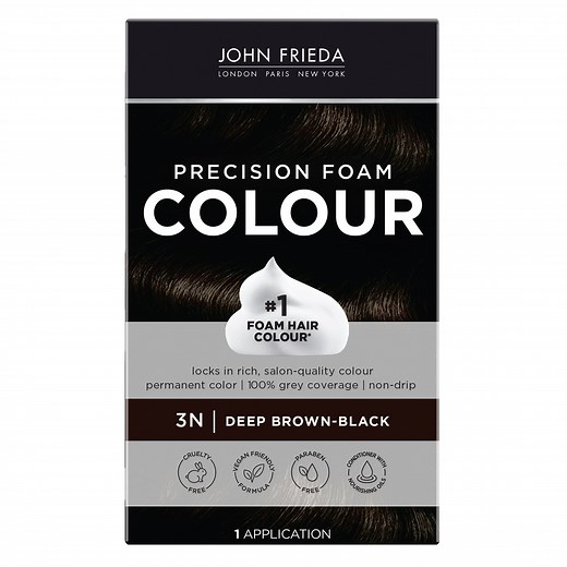 John Frieda Precision Foam Brown Black Permanent Hair Dye Color Kit, 3N Deep Brown Black, 1 Application