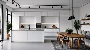 Modern White Kitchen with Wooden Dining Table and Sleek Interior Design