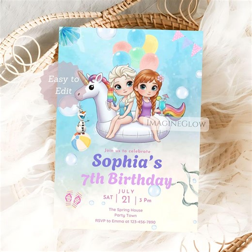 Frozen Summer Pool Party Invitation: Elsa, Anna & Olaf Birthday Invite Editable Template - Etsy