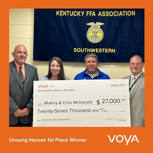 Voya team members surprised teachers across the U.S. last week with grants from our Unsung Heroes program. The grants will fund innovative classroom ideas submitted by educators. https://go.voya.com/3u03kD5 1st Place: Mallory and Chris McDonald from Southwestern High School in Somerset, Kentucky. 2nd Place: Kacie Desmond from The Learning Choice Academy in Chula Vista, California. 3rd Place: Lydia Knopp from the Kansas State School for the Blind in Kansas City, Kansas. | Voya