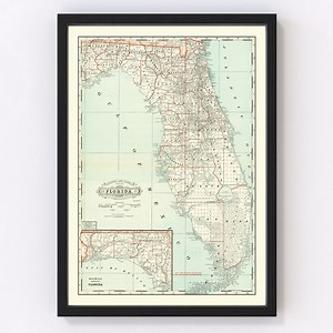 Florida Map 1888, Vintage Florida Map, Old Florida Art, Wall Art Gift for Florida History Lovers Retro Decor - Etsy