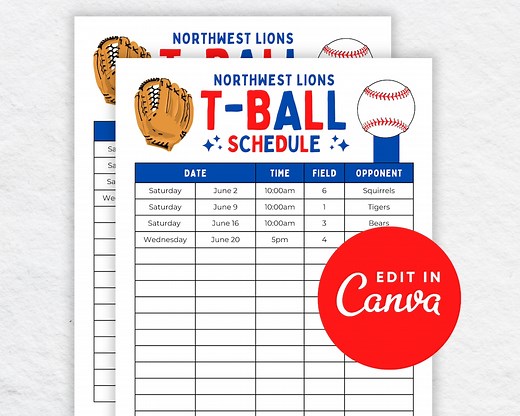 Editable T-ball Schedule Template | Youth Sports Practice Planner | (canva, Digital Download) - Etsy