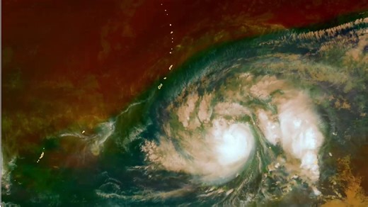 台風4号この動画は気象衛星ひまわりで熱帯上層にある気団の状態を可視化したもので、台風周辺の深い緑色のエリアが高温多湿な熱帯気団、赤茶色のエリアが上層の乾燥した空気を表している。境界が極めて明瞭で台風とともに移動している熱帯気団が乾燥空気を押しやっていることがわかる。※　出典　RAMMB