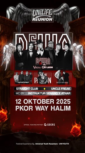 UNILIFE on Instagram: "🪽 Dewa 19 Hadir di Unilife Reunion 2025 🪽 Sebuah panggung untuk nostalgia terbesar tahun ini. Dewa 19 feat. Ari Lasso & Virzha hadir membawa energi dan kenangan yang tak terlupakan. Bersama Rumah Sakit, Rony Parulian, The Overtunes, Straight Club, dan Uncle Freak. Dipandu Oleh instruktru senang x athar 📍 PKOR Way Halim, Bandar Lampung 📅 12 Oktober 2025 🎟 Tiket resmi tersedia di GOERS Siap untuk malam penuh kenangan dan energi? 🔥 #UnilifeReunion #Dewa19 #BandarLampung