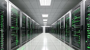 A long server room with rows of metal server cabinets. Bright lighting and white floors.