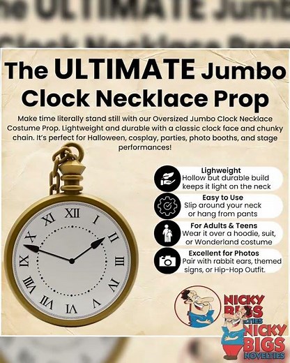 Jumbo Clock Necklace Prop 10″ Oversized Clock Chain Halloween Costume Accessory