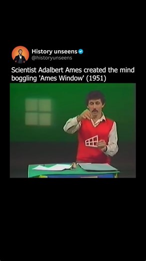 HISTORY on Instagram: "The Most Mind-Bending Optical Illusion in Science History – and it broke our brains in 1951! 🔄🧠 This scientist did what no magic trick could: creating a spinning window that seems to defy physics—and makes your own eyes lie to you. The moment? Adelbert Ames unveils the "Ames Window"—a trapezoid that spins 360°, but appears to wobble back and forth, stop, and change direction. Even when a pen is stuck through the center and visibly rotates in a full circle, our brains sti