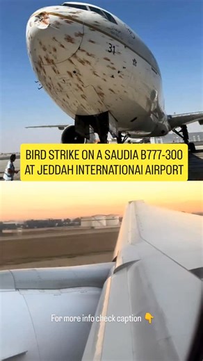Bird strike⭕ Saudia flight was involved in a bird strike incident on October 25, 2025, damaging the plane's nose cone, but it landed safely in Jeddah with no injuries. This was the second bird strike involving a Saudia plane destined for Jeddah in 2025, after a separate incident in January. October 2025 bird strike Flight details: Saudia Airlines flight SV340, a Boeing 777-300ER, was struck by a flock of birds during its departure from Houari Boumediene Airport (ALG) in Algiers, Algeria. Damage 