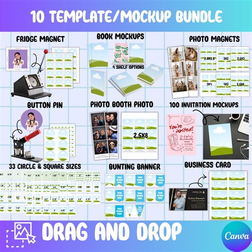 10 Template & Mockup Bundle, Canva Editable Frames, Fridge Magnet, Book Mockup, Business Card, Bunting Banner, Button Pin, Invitation Mockup - Etsy