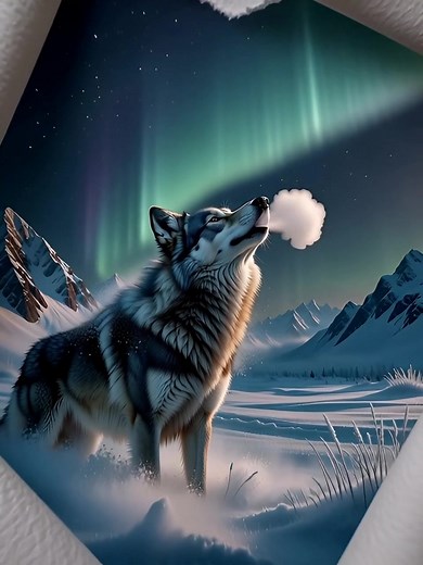 Prompt Torn white paper revealing watercolor wolf howling under aurora borealis, snowy mountain landscape in purple and green, rough fibrous edges, arctic color wash, camera zoom in, painted aurora begins to shimmer and dance with real light physics, wolf's fur transitions from flat paint to realistic texture moving in wind, breath becomes visible vapor, snow transforms from watercolor to crystalline particles, stars twinkle as scene becomes photorealistic night sky | Alex V Orlino | Facebook
