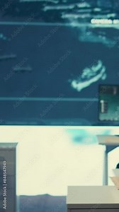 Vertical Video Military personnel employing the army satellite reconnaissance system to find any enemy warships or dangerous vessels. Navy IT engineers working in monitoring room general headquarters