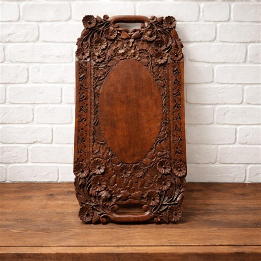 Hand Carved Wood Serving Tray - Anglo Indian Floral Walnut 23x11 Vintage - Etsy