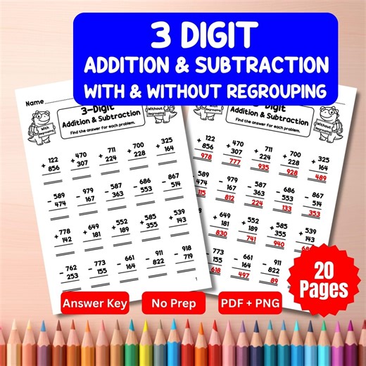 3-digit Addition & Subtraction With / Without Regrouping Worksheets | Mixed Practice | 20 Pages   Answer Key - Etsy