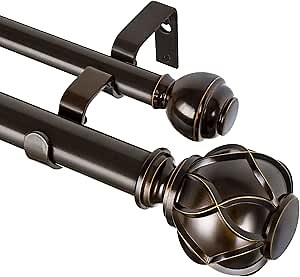 KAMANINA 1 Inch Double Curtain Rods 72 to 144 Inches (6-12 Feet) Telescoping Heavy Duty Drapery Rod for Windows 66 to 120, Netted Texture Finials, Antique Bronze