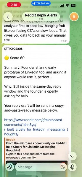 4 months ago I was cleaning floors in a bakery.Today I’m pulling all-nighters fixing beta feedback for a product I think could become much bigger than a Reddit tool.ReplyAlerts started with one simple job:find the right Reddit conversations before they die.But that is not the real endgame.The real endgame is helping SaaS founders solve the core of distribution:where to show up,when to show up,and what signal is actually worth acting on.Reddit first.Then X.Then better delivery.Then eventually iOS