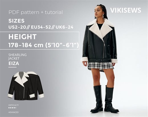 Eiza Leather Shearling Jacket 178-184 Height US Sizes 2 - 20 Pattern With Pdf Tutorial, Leather Jacket With Faux Fur Collar Sewing Pattern - Etsy