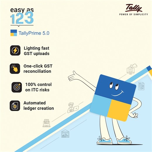 171 reactions · 32 shares | A new era of productivity is here! Enjoy faster GST filing, GST reconciliation in one click, more control on Input Tax Credit risks and much more with TallyPrime 5.0. #EasyAs123 Upgrade now to simplify your business operations - bit.ly/TallyPrime5point0 #TallyPrime #TallyPrime5point0 #TallySolutions #Upgrade #NewUpdate #NewFeature | Tally Solutions | Facebook