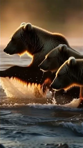 Bears fishing in a rushing Alaskan salmon river at dawn. #subscribe #wildlife #bearwatching