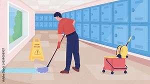 Animated school janitor in hallway. Male custodian mopping floor in corridor. Looped flat color 2D cartoon characters animation with blue lockers on background. HD video with alpha channel