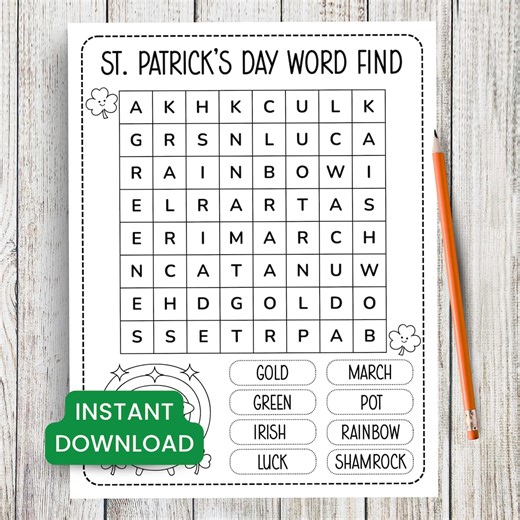 St. Patrick’s Day Word Find, Word Search Printable, Activity for Kids, Classroom Party, Indoor Kids Party, Family Game Night - Etsy UK