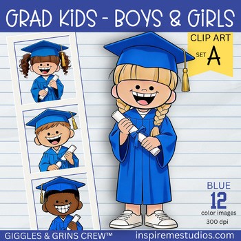 Kindergarten Graduation Kids Clipart Color — Cap and Gown, Blue - Set A